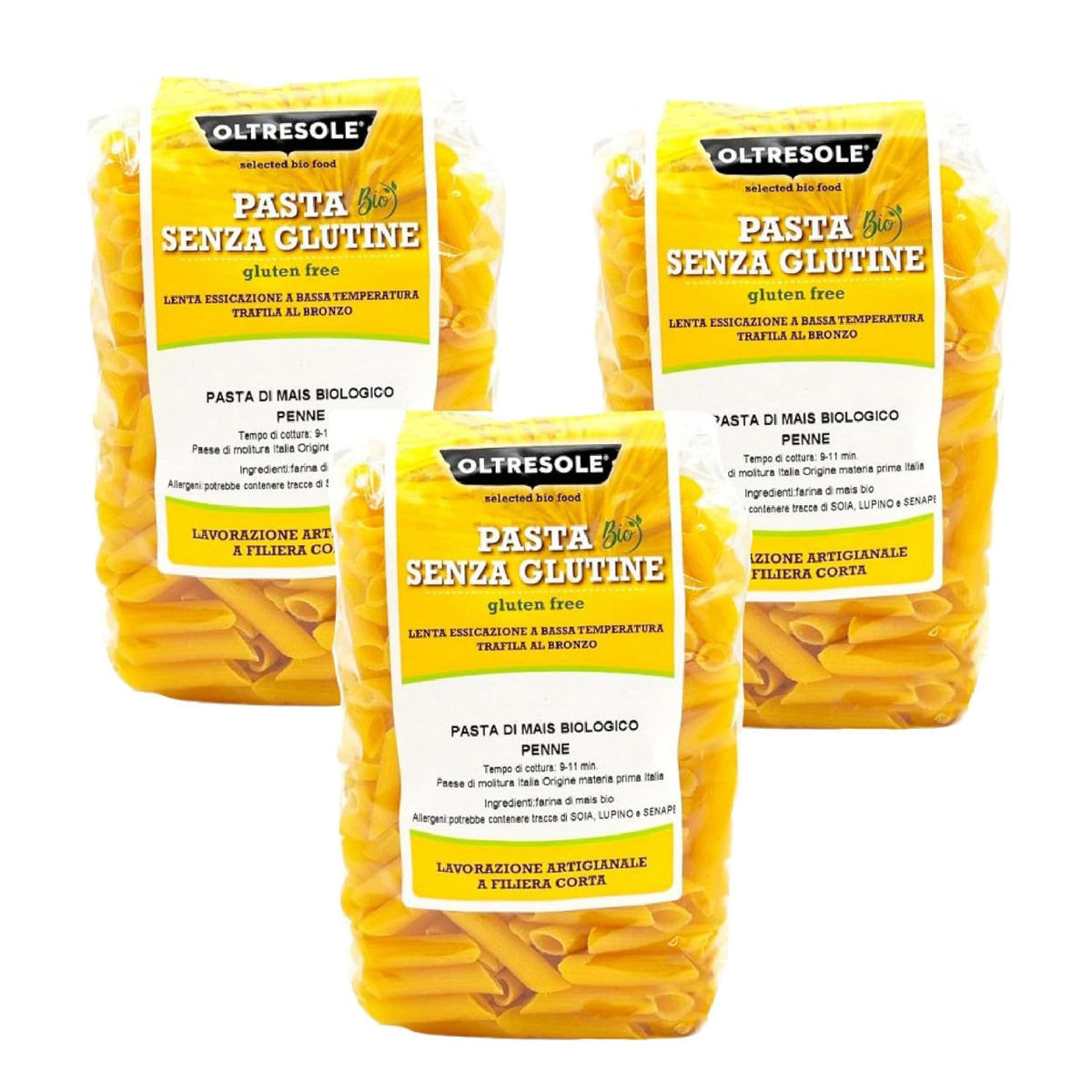 - Pasta di Mais Giallo Biologica Italiana Gluten Free, Formato Penne - makaron bezglutenowy, 100% farina di mais giallo bio, wegański, confezione da 3 pacchi da 350 g