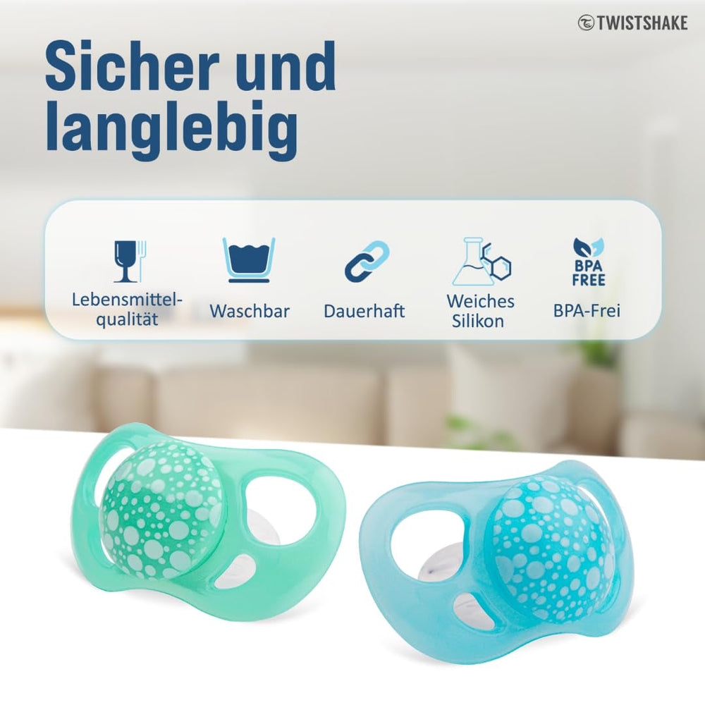 Suzete Twistshake pentru bebeluși – Pachet de 2 | Formă ortodontică | Ultra-ușoare | Tetină din silicon moale | Fără BPA | Potrivite pentru bebeluși de la 6 luni | Albastru Verde