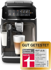 Espressor automat PHILIPS seria 3300 - 6 băuturi, ecran tactil color modern, sistem de preparare a laptelui LatteGo, SilentBrew, râșniță 100% ceramică, filtru AquaClean. Crom negru (EP3347/90)