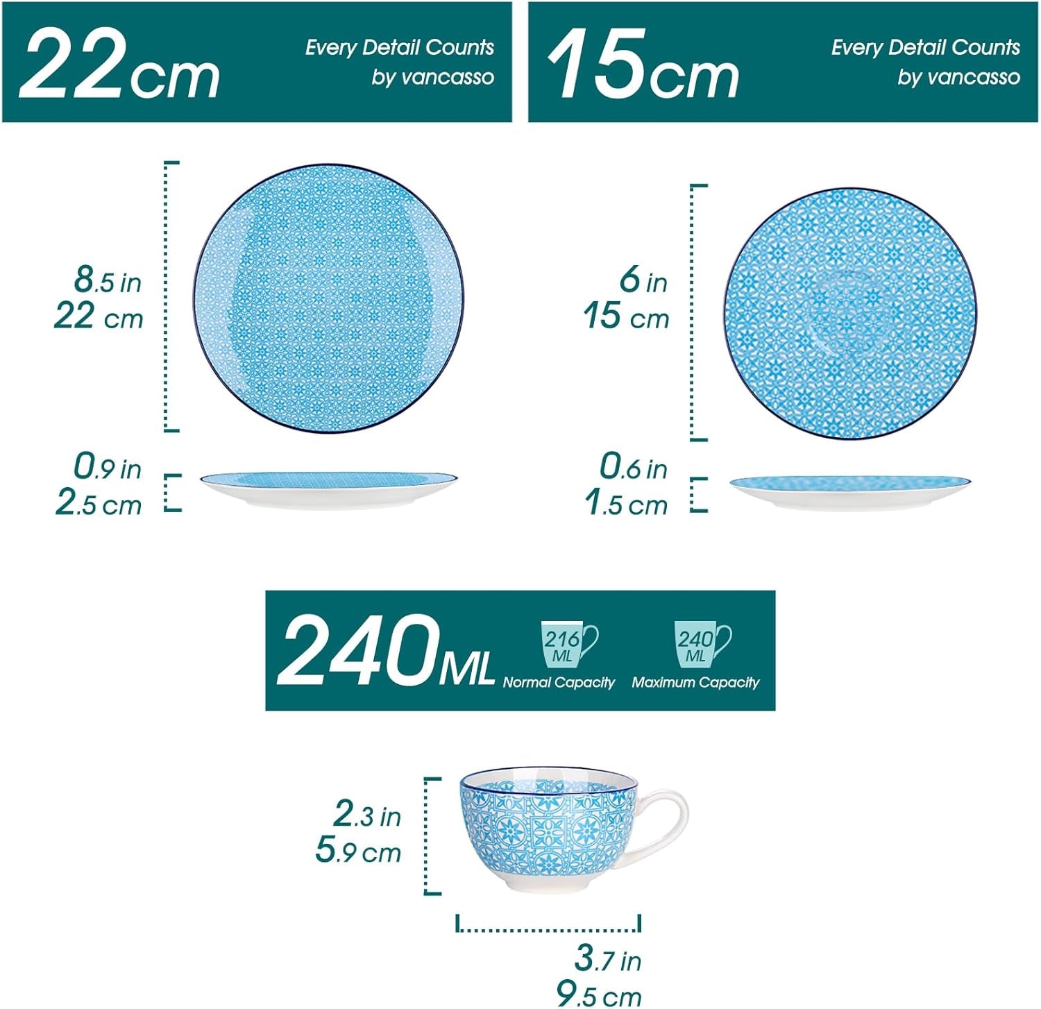 Set de cafea din porțelan, Vancasso Macaron, serviciu de cafea colorat cu 12 piese pentru 4-12 persoane, set de cești, include cești de cafea, farfurioare și farfurii de desert