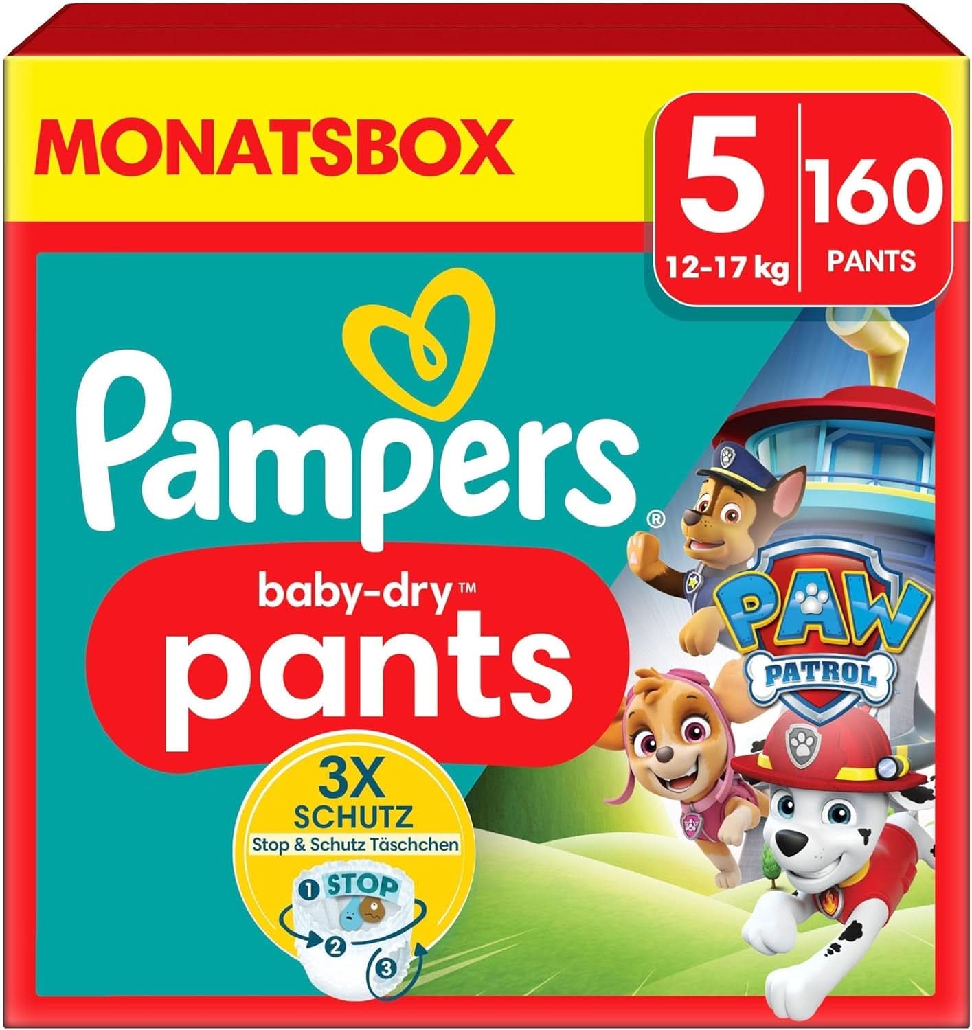 Pieluchy Pampers Paw Patrol Spodnie rozm. 5 (12-17Kg) Baby-Dry, Junior z kieszenią Stop and Protect, MIESIĘCZNE BOX, 160 pieluszek Naty Shop 5 (160 sztuk) Nowość