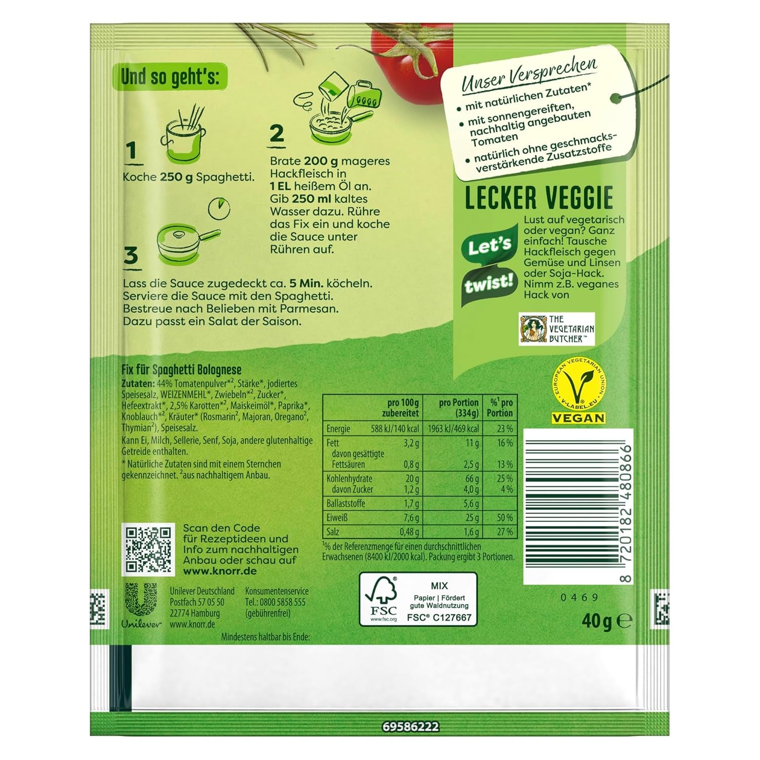 Knorr Fix Würzmischung Spaghetti Bolognese na pyszne danie z makaronem z naturalnymi składnikami 40 g