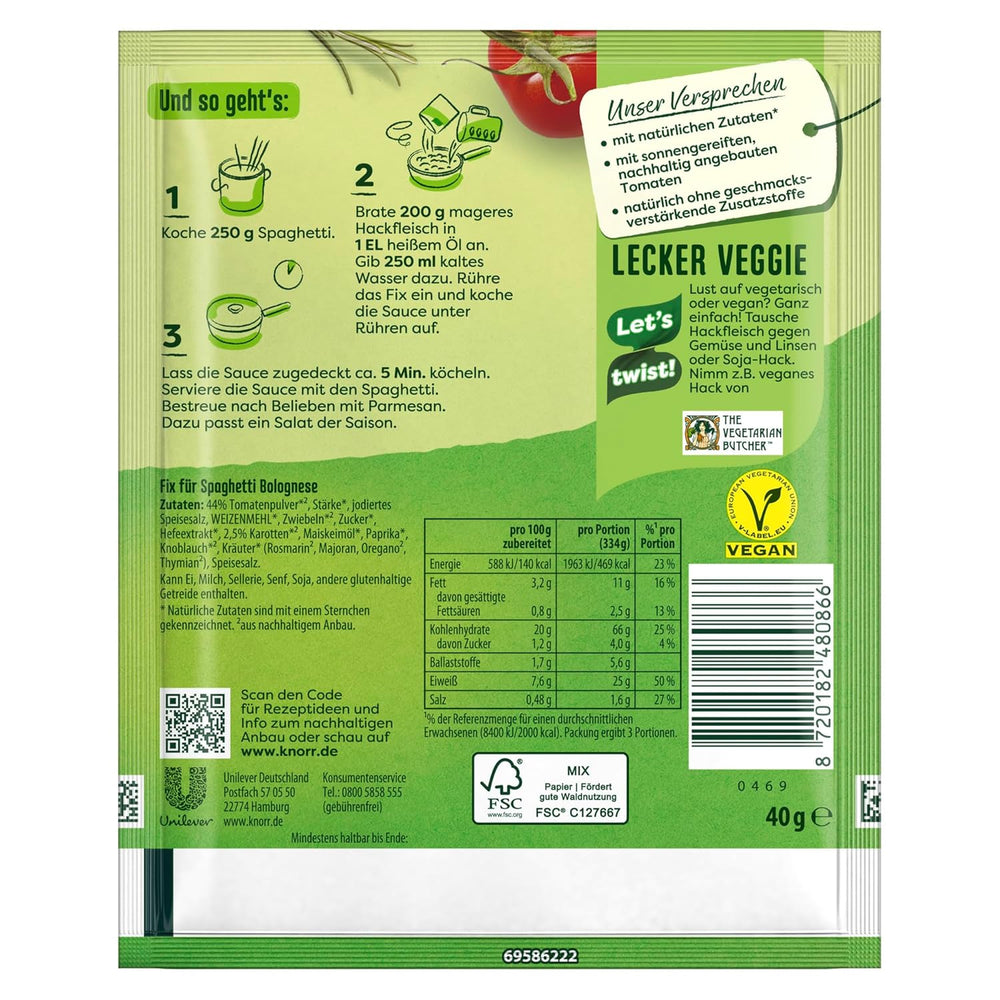 Knorr Fix Würzmischung Spaghetti Bolognese na pyszne danie z makaronem z naturalnymi składnikami 40 g