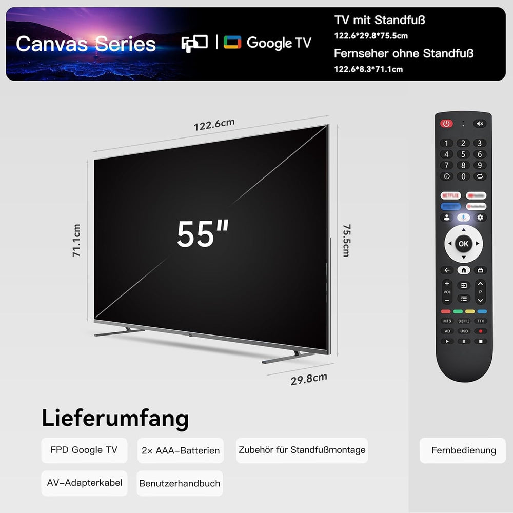 Google TV 4K UHD 139,7 cm (55 inch) cu Google Play și Google Cast integrate, HDR 10, Dolby Vision, Dolby Atmos, Memc, control vocal, negru, 4K, 139,7 cm (55 inch)