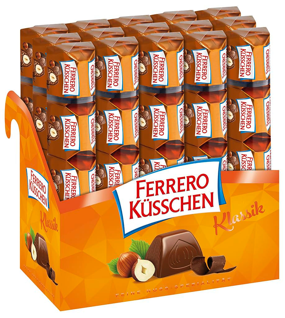Ferrero Küsschen White Crispy - Prezent na Walentynki dla niego i dla niej - Chrupiące prażone orzechy laskowe w jasnej śmietanie z chrupiącymi chipsami, oblane białą czekoladą, 1 opakowanie 20 pojedynczych pralinek