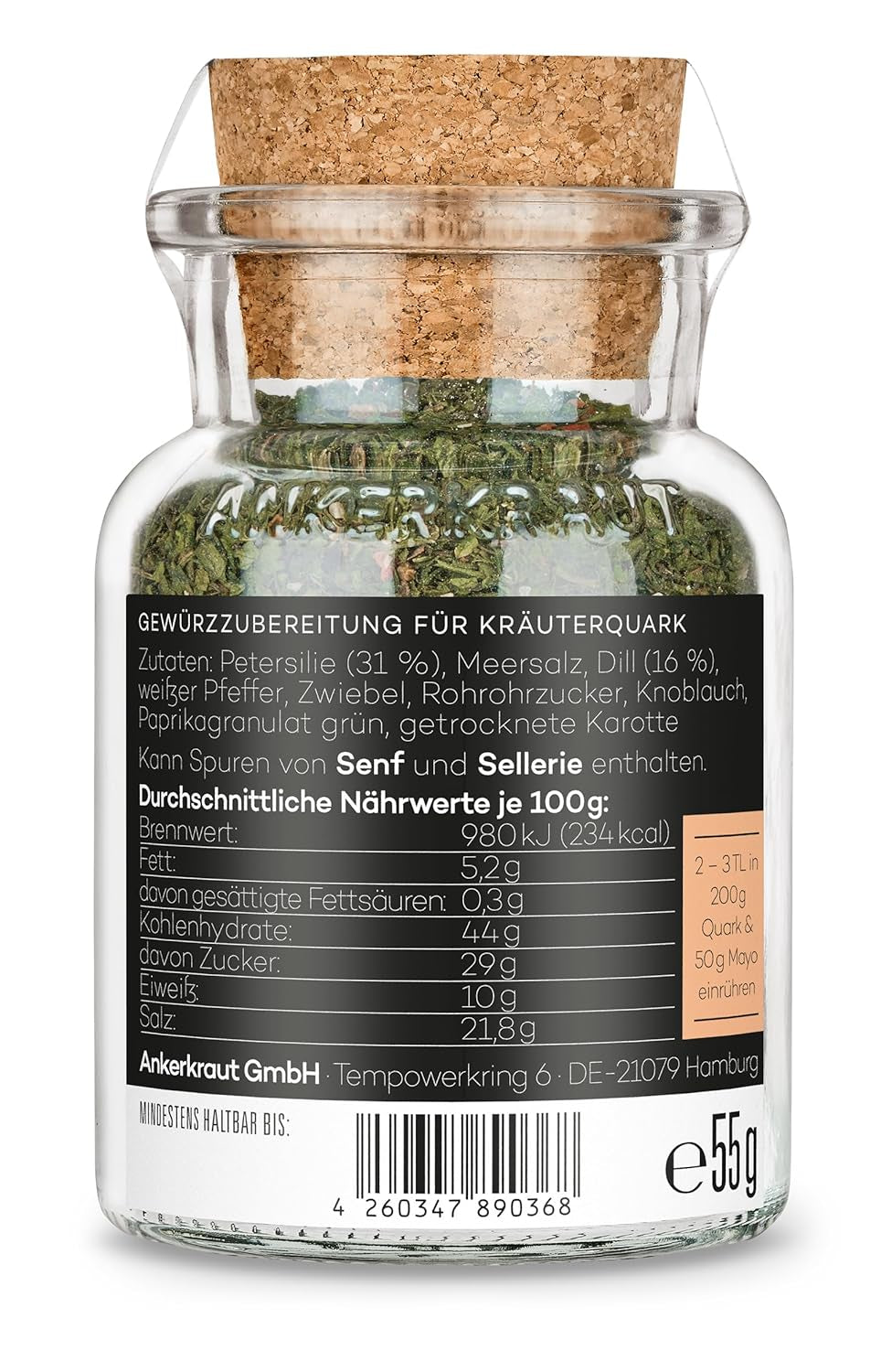 Ankerkraut Kräuterquark Dip, Gewürzmischung für Quark, Ohne Geschmackverstärker, Premium Qualität, Alternative Joghurt und Soja-Quark, Aufstrich selber machen, 55 g w szkle korkowym