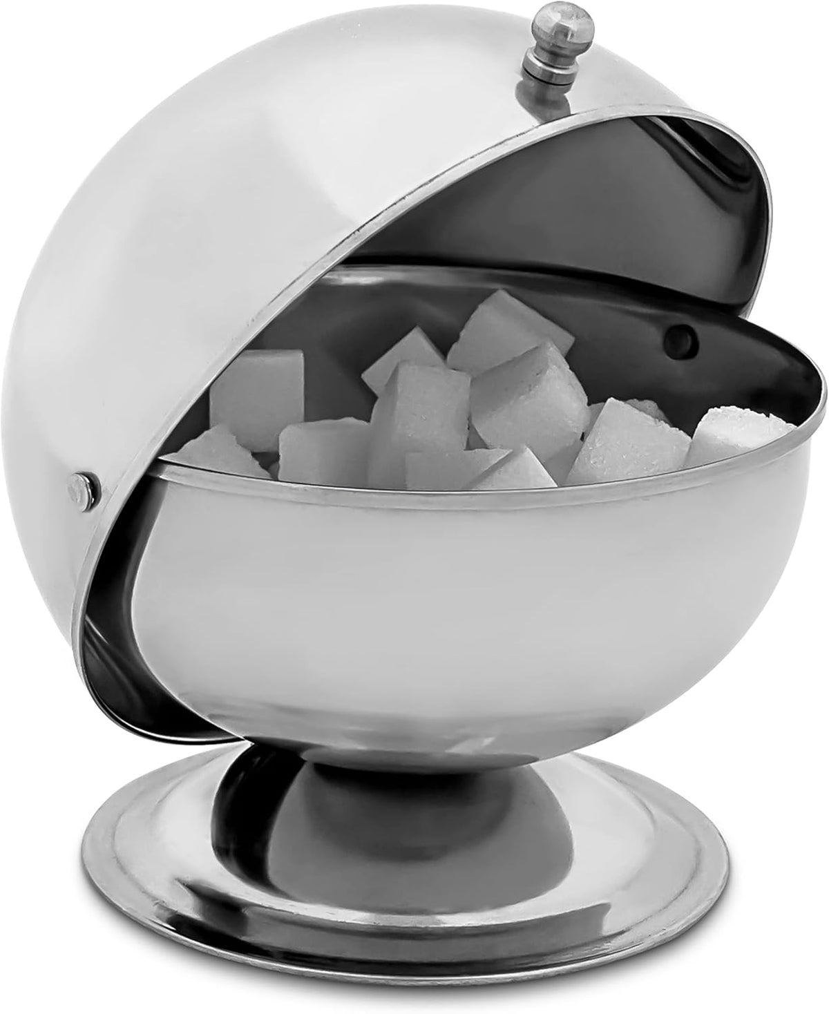 Zahărniță Relaxdays SWEETY din oțel inoxidabil, 14 x 13 x 13 cm (Î x L x A), bilă de zahăr cu capac rulant, bombonieră rotundă, argintie