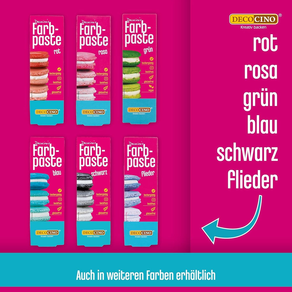 Set de 6 paste de culoare Decocino – 6 x 20 g – Colorant alimentar în roșu, roz, verde, galben, albastru și negru, ideal pentru colorarea prăjiturilor, fondantului și cremelor – Fără azoici și fără gluten