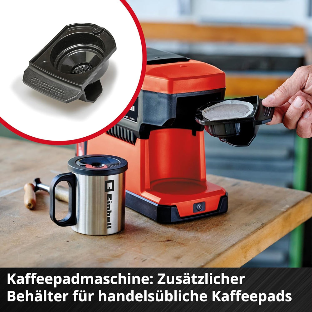 Espressor fără fir Einhell TE-CF 18 Li-Solo Power X-Change (18 V, rezervor de apă de 240 ml, pentru cafea filtrată și capsule de cafea, mâner de transport, incl. cană de cafea cu capac, fără baterie)