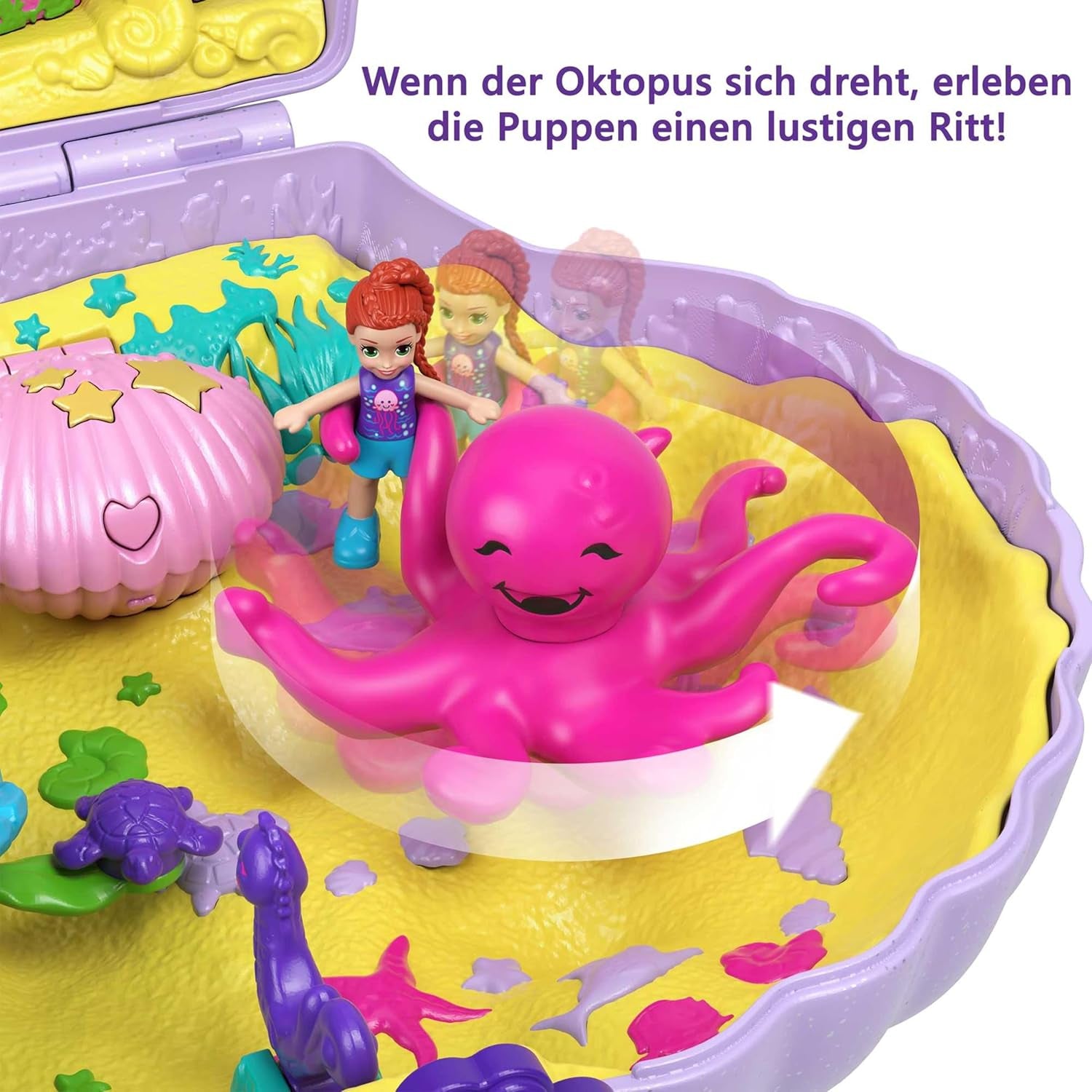 Cutie de depozitare Polly Pocket, geantă cu scoici și temă subacvatică, cu 2 păpuși și 1 submarin, jucărie sirenă Polly Pocket, jucărie pentru vârste de 4 ani și peste, GNH11