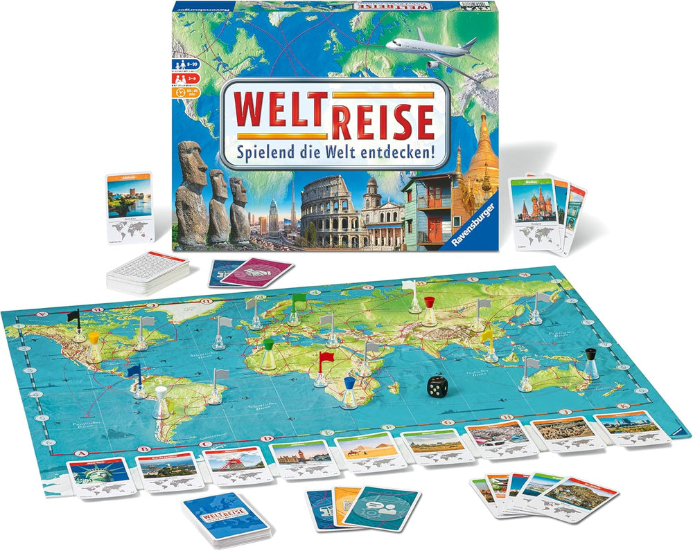 Ravensburger Family Game 26888 - World Tour - Klasyczna gra dla rodzin, w wieku 8 lat i więcej - Gra towarzyska, podróże po świecie, gra planszowa dla maksymalnie 6 graczy - ponad 170 miast