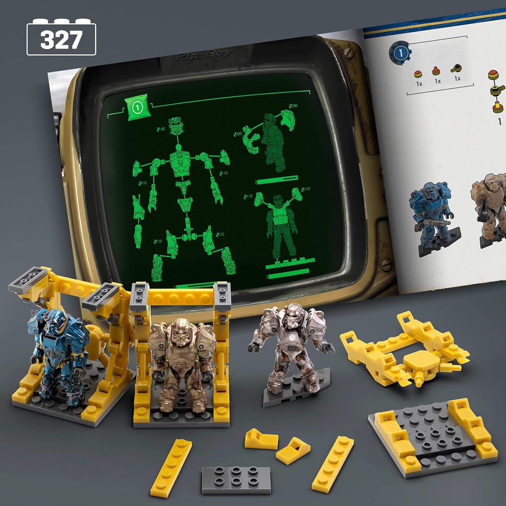 Figurka MEGA Fallout Bauspielzeug, kolekcja pancerza wspomaganego T-60 z 327 zestawami, 5 mikro-figurek akcji i Zubehör, dla sammlera
