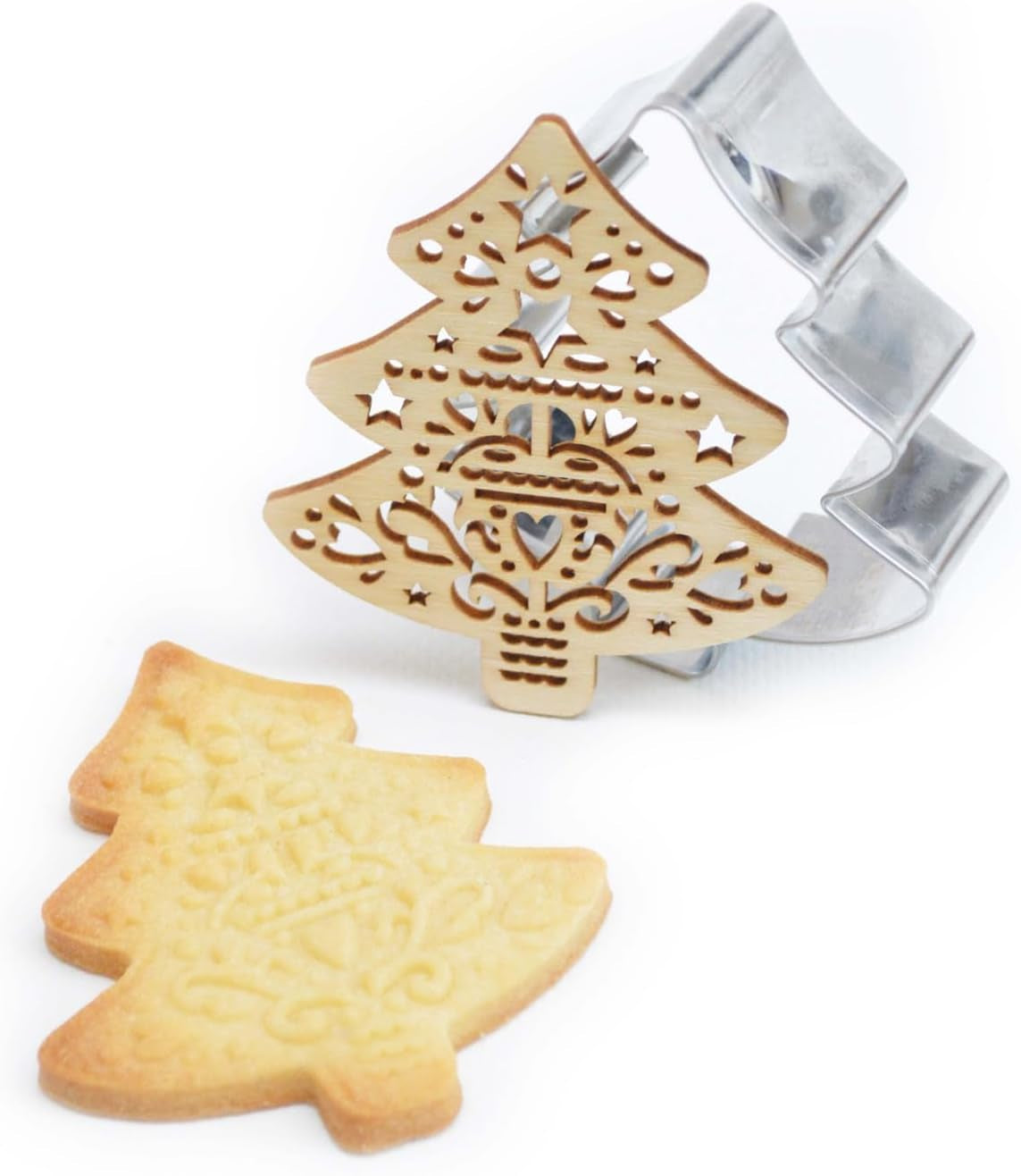 ScrapCooking - Forme de biscuiți + Șablon de embosare, Lemn, Lemn de brad – Formă de biscuiți de Crăciun din oțel inoxidabil pentru biscuiți în relief – Accesoriu pentru formă de copt sablată – 2092