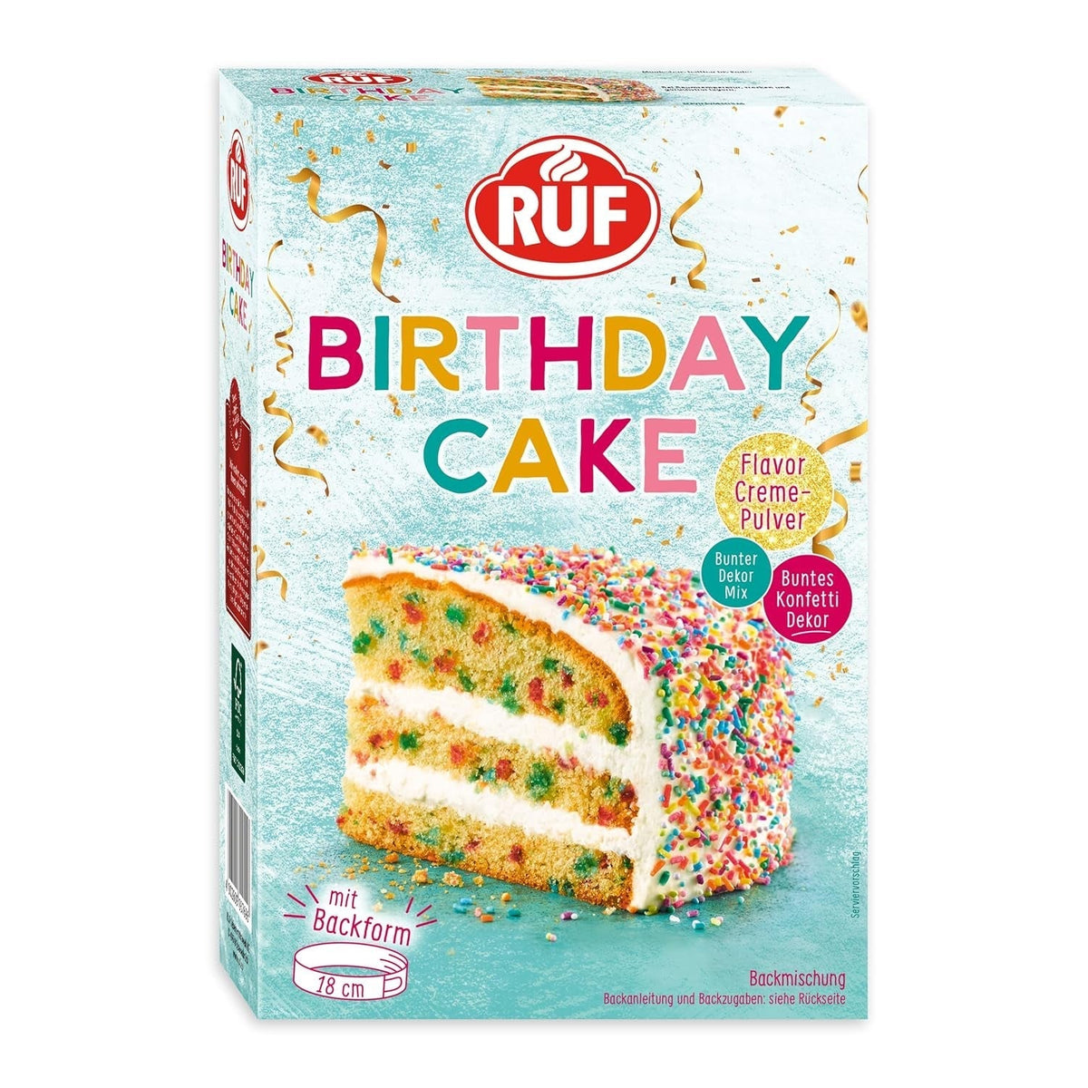 RUF Birthday Cake, Geburtstagskuchen, Schicht-Torte Aus Rührteig Und Konfetti-Streusel, Tortencreme Und Buntem Dekor-Mix, Für Kindergeburtstag, Familienfeier, Einschulung, 1X425G Glazuri si Decor Naty Shop 425 G (1Er Pack)