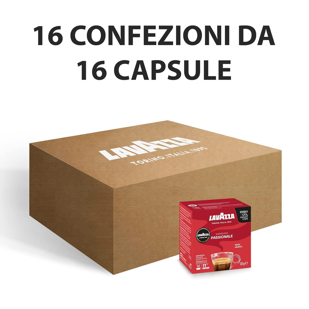 Lavazza, A Modo Mio Passionale, 256 Kaffeekapseln, für einen Espresso mit Noten von Karamell und Schokolade, 100% Arabica, Intensität 11/13, dunkle Röstung, 16 Packungen x 16 Kapseln