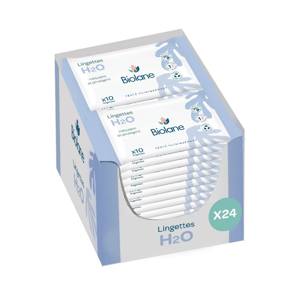 BIOLANE - Chusteczki nawilżane dla niemowląt H2O z wodą - Kieszeń - Babies - 24 x 10 sztuk (240 chusteczek) - dla skóry wrażliwej - czyści i chroni twarz i siedzenie - wyprodukowano we Francji