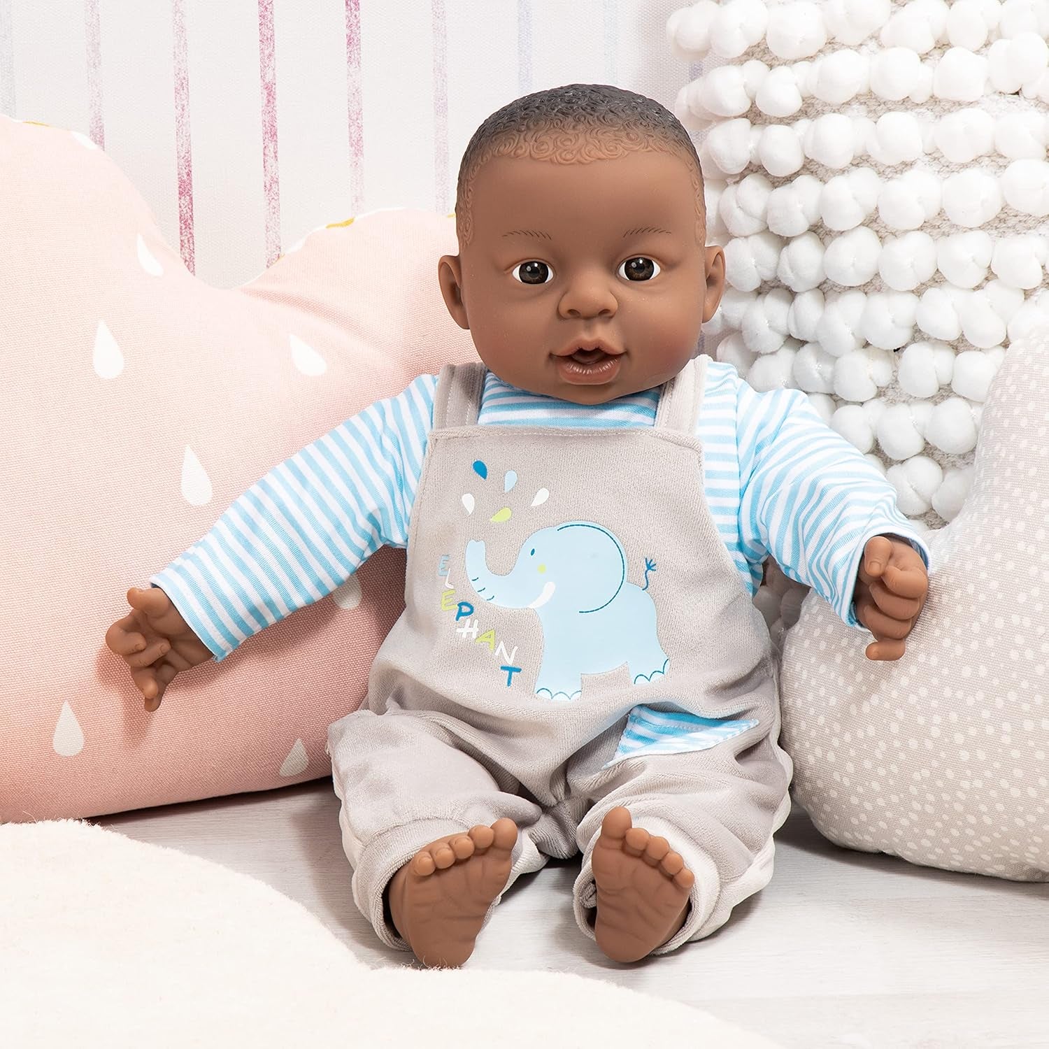 Bayer Design 94001AH Păpușă interactivă pentru bebeluși, băiat, vorbitoare, corp moale, 40 cm, piele închisă la culoare, albastru