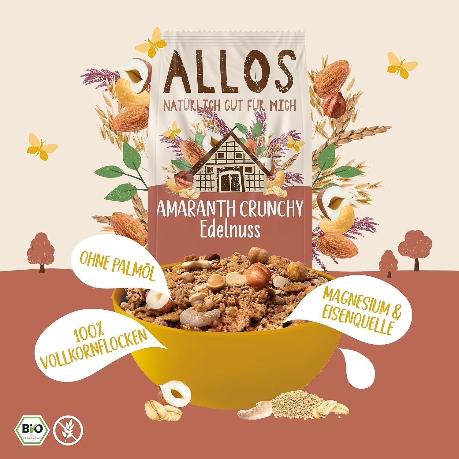 ALLOS Amarantowy Chrupiący Nobleuss | Organiczne musli orzechowe płatki owsiane dla małego sklepu Cereal Naty