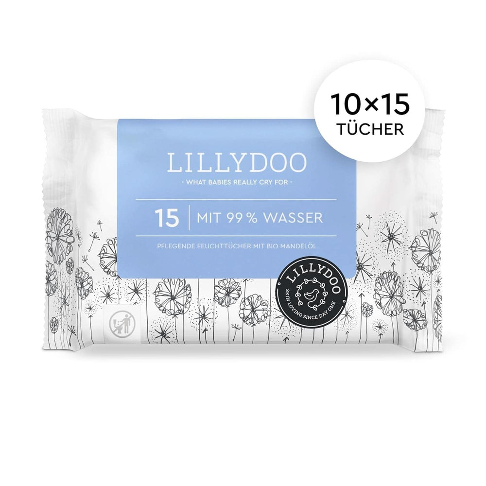 LILLYDOO Baby Feuchttücher Mit 99% Wasser, 10 X 15 Stück (150 Feuchttücher), 100% Plastikfreies Tuch, Ohne Parfüme & Mild Wie Watte Und Wasser (FSC Mix) Servetele Umede Bebelusi Naty Shop