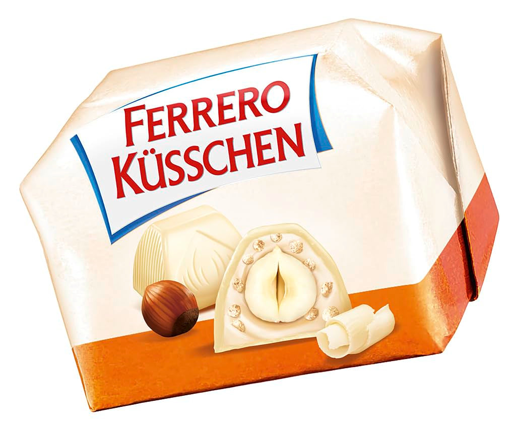 Ferrero Küsschen White Crispy - Prezent na Walentynki dla niego i dla niej - Chrupiące prażone orzechy laskowe w jasnej śmietanie z chrupiącymi chipsami, oblane białą czekoladą, 1 opakowanie 20 pojedynczych pralinek