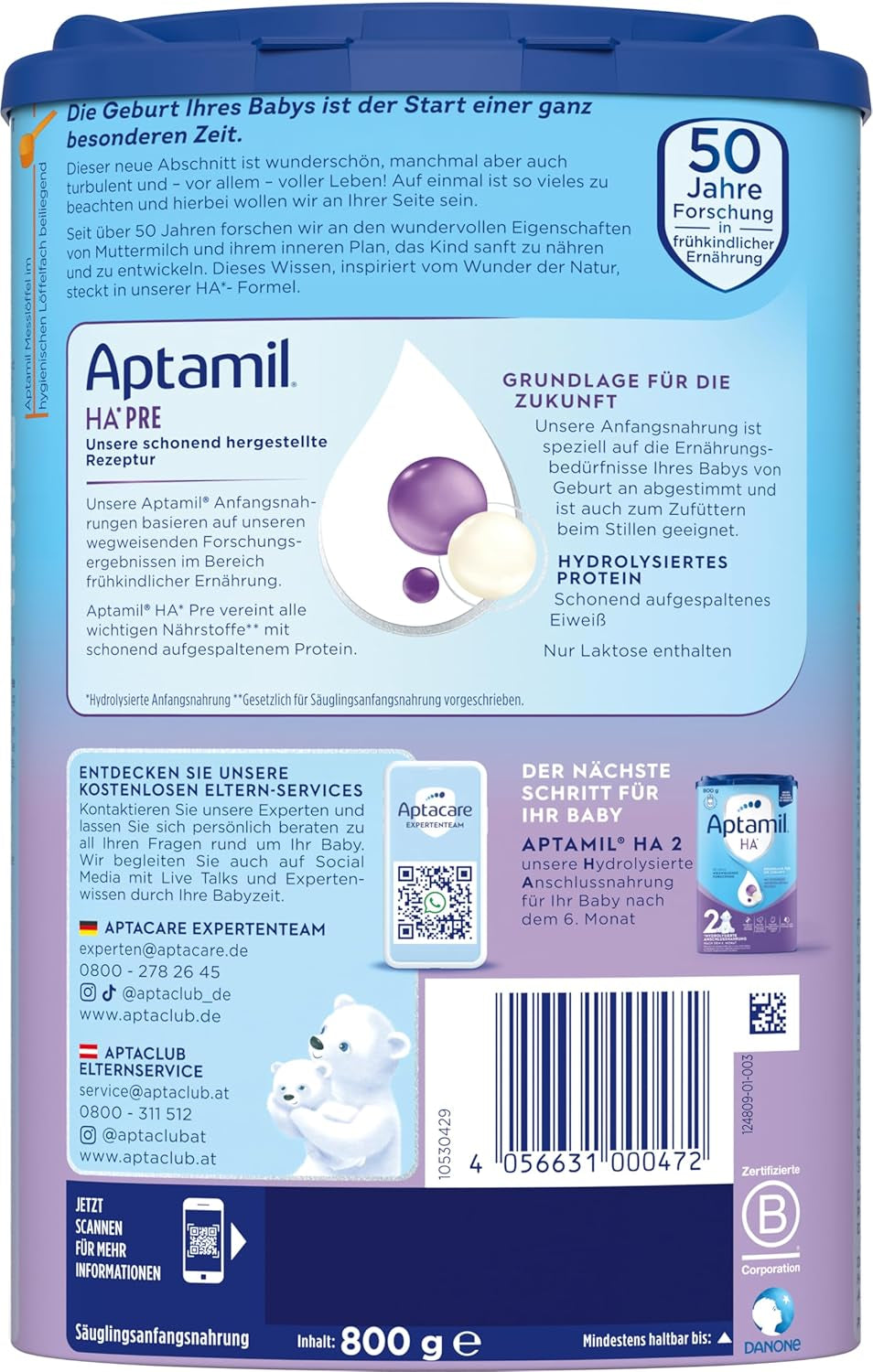 Aptamil HA PRE – Anfangsmilch von Geburt an, Mit DHA, Nur Lactoza, Ohne Palmöl, Babynahrung, Milchpulver, 1x 800 g
