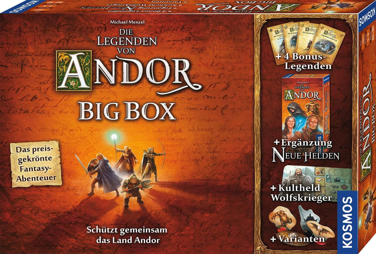 Kosmos 683122 Legends of Andor - Big Box, gra podstawowa (Kennerspiel des Jahres 2013) i dodatkowe rozszerzenia, klasyczna fantasy, kooperacyjna gra planszowa fantasy, wiek 10+