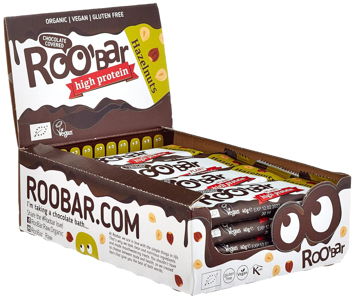 Wysokobiałkowe batoniki z orzechami laskowymi w polewie czekoladowej - 100% organiczne, wegańskie, batoniki owocowe, bez nabiału, bez glutenu, bez rafinowanego cukru - 16 batonów x 40g