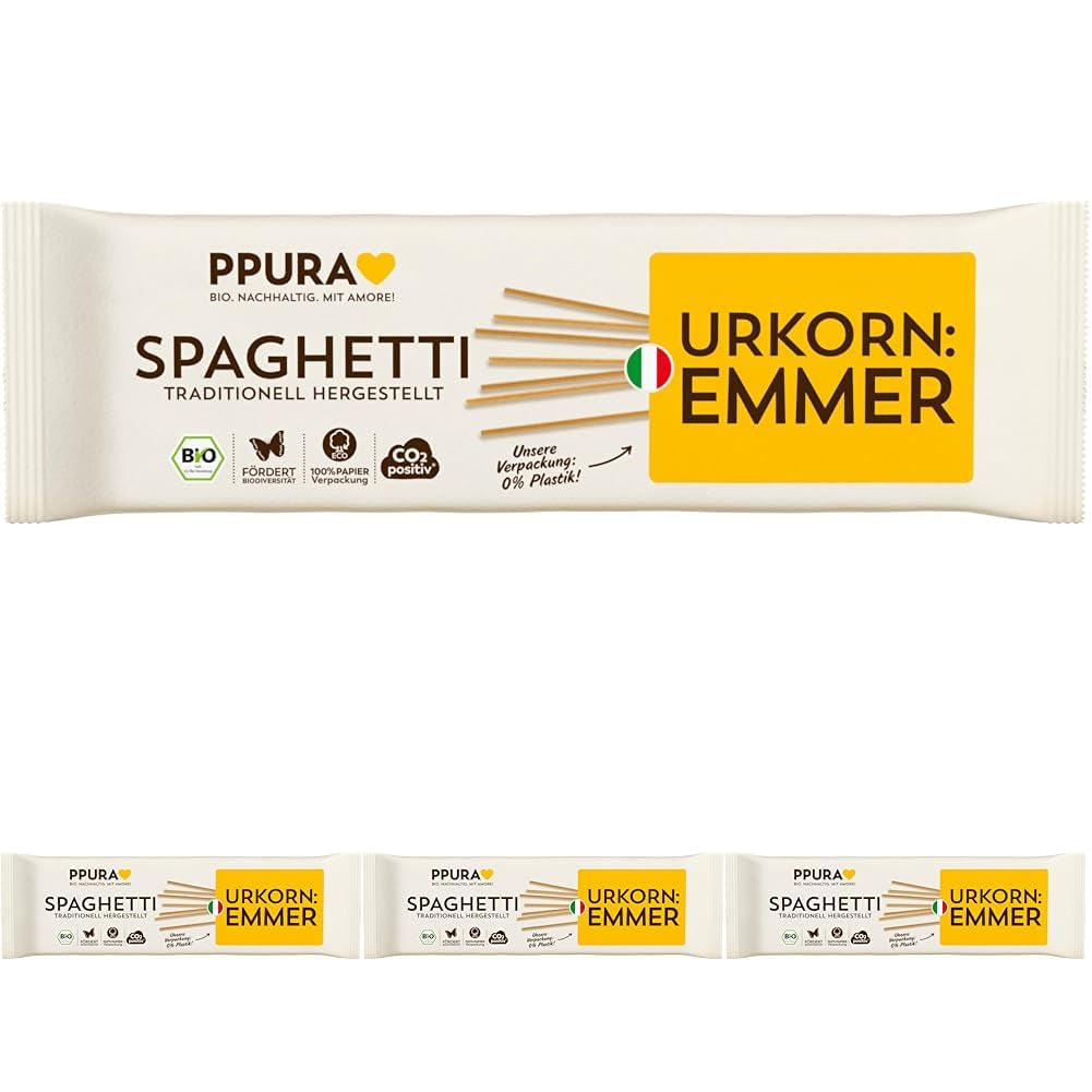 PPURA Organiczny Makaron Spaghetti z Emmer 500g, 100% naturalne spaghetti emmer, wyprodukowane we Włoszech - włoski makaron bez dodatków, barwników i konserwantów
