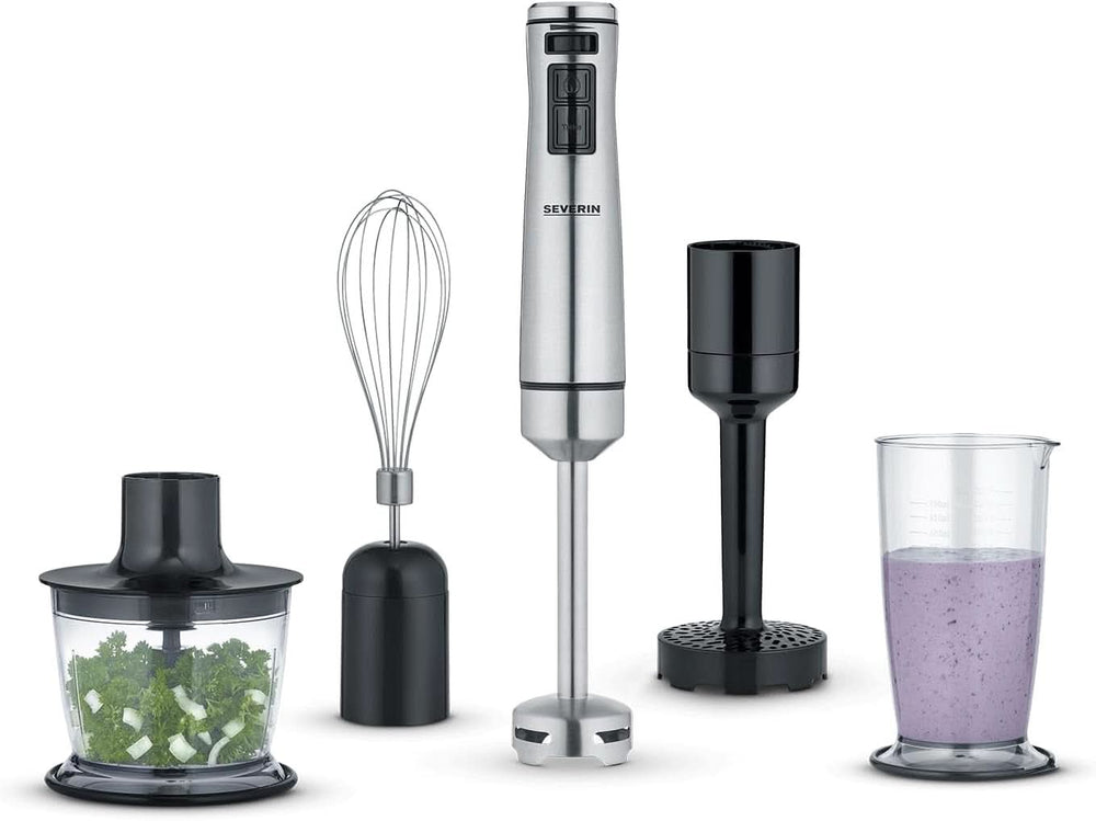 SEVERIN Kabelloser Stabmixer Mit Premium-Set, Abnehmbarer Mixstab, Mit Pürierstab, Multizerkleinerer, Mixbehälter, Kartoffelstampfer & Schneebesen, Schwarz/Edelstahl-Gebürstet, SM 3775 Mother and Child Naty Shop 1.000 W Inkl. Premium Zubehör