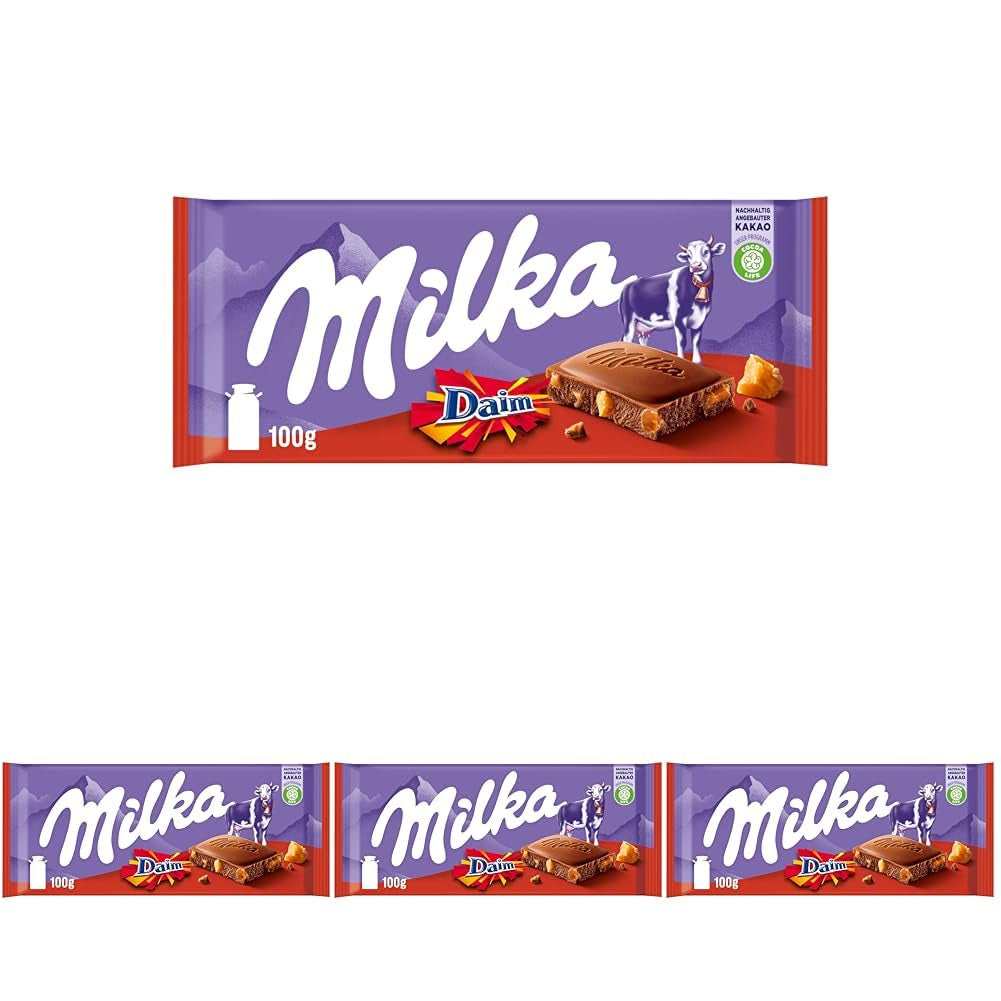 & Daim 1 x 100g I Alpejska czekolada mleczna I z kawałkami karmelu i migdałami I 100% alpejska czekolada mleczna I Tabliczka czekolady z Daimem (4 szt. w opakowaniu)