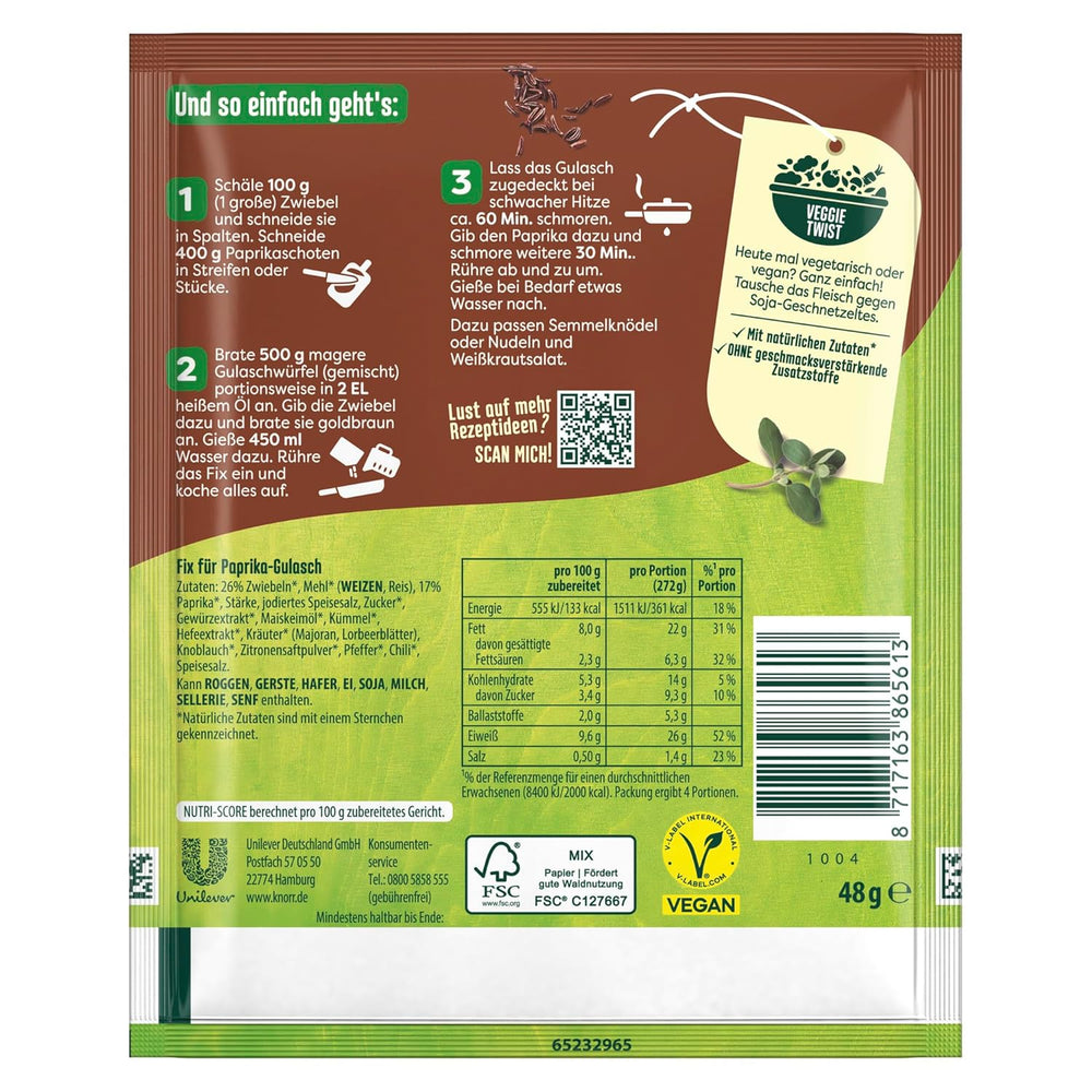 Knorr Fix Würzmischung Paprika-Gulasch für eine leckeres Fleischgericht mit natürliche Składnik 4 Porcje