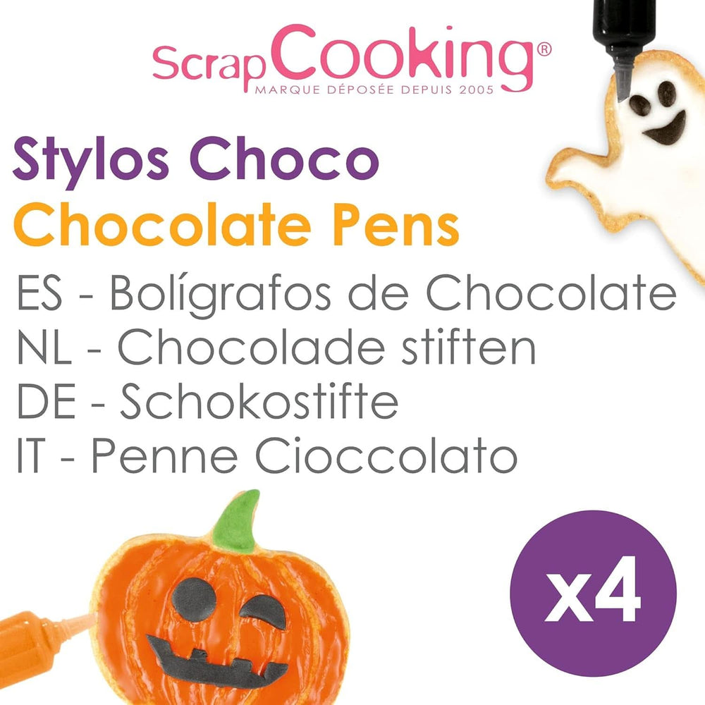 Scrapcooking - Zestaw 4 pisaków czekoladowych Halloween - czarny, pomarańczowy, fioletowy i biały, pisz i rysuj na deserach, ciastach i ciastkach Naty Shop