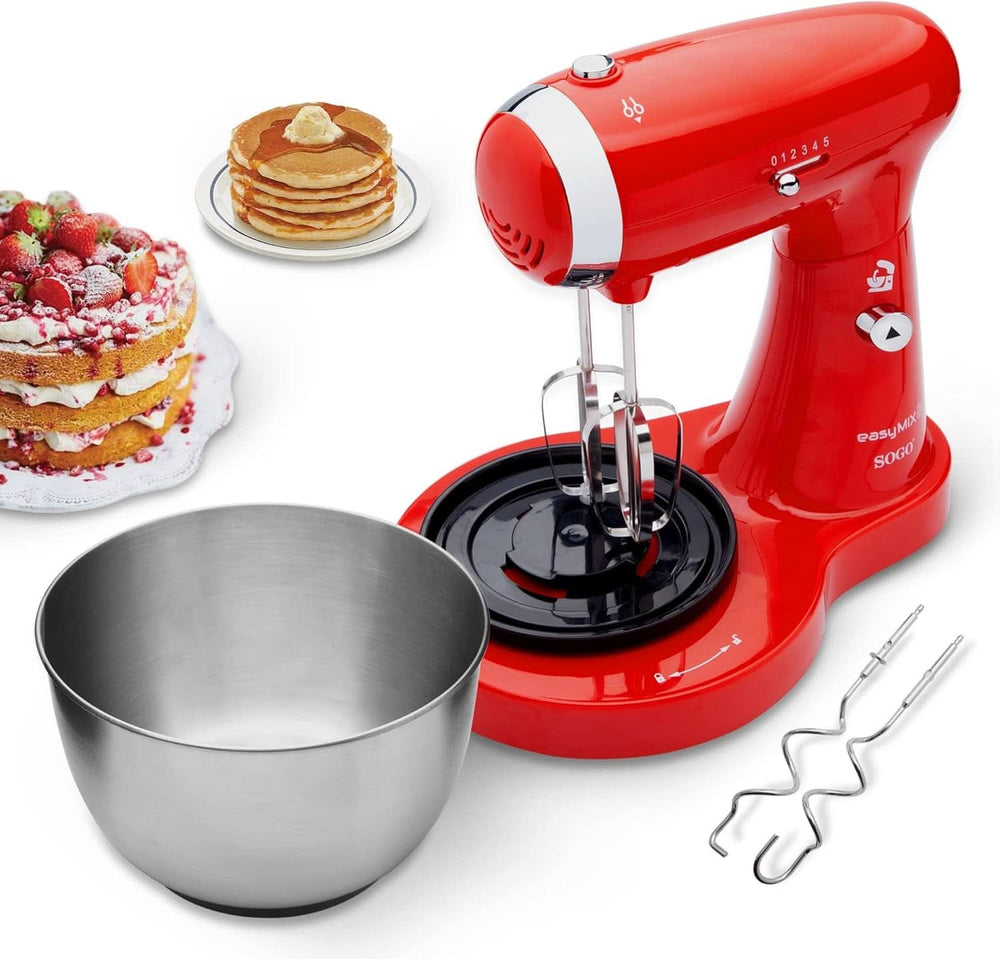 SS-14506 Küchenmaschine, Mixer Und Mixer 3-In-1 Mit Drehschüssel, Stäbchen Und Haken Zum Kneten Aus Edelstahl, 5 Geschwindigkeiten, 3,2 Liter (Rot) Matka i dziecko Naty Shop