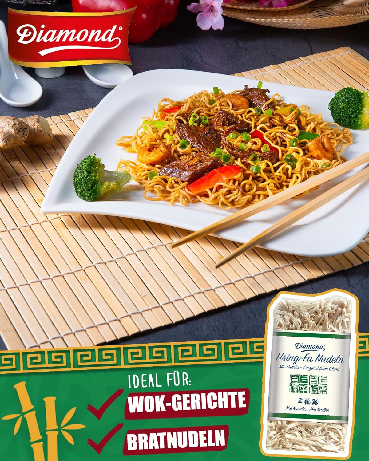 DIAMOND Hsing-Fu Noodles, Mie Azjatycki makaron z mąki pszennej do dań z woka i smażonych na woku - 12 x 250 g