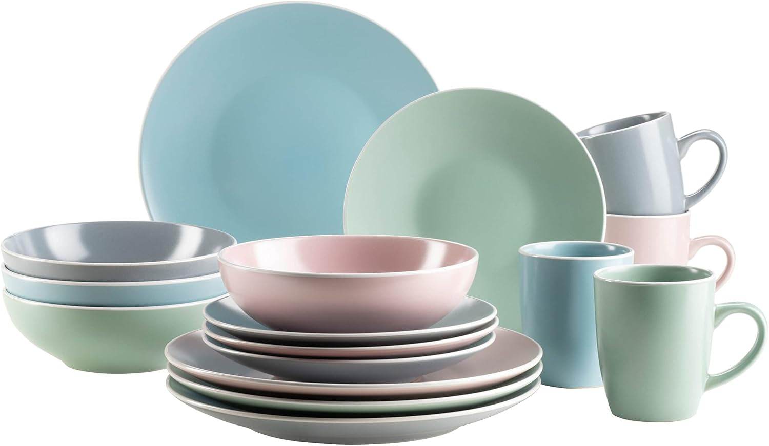 MÄSER 934006 Seria Elissa, Set de veselă modern pentru 4 persoane în glazuri mate colorate cu margine albă, Set combinat de 16 piese, Gresie, Multicolor, Gri, Turcoaz, Roz, Verde