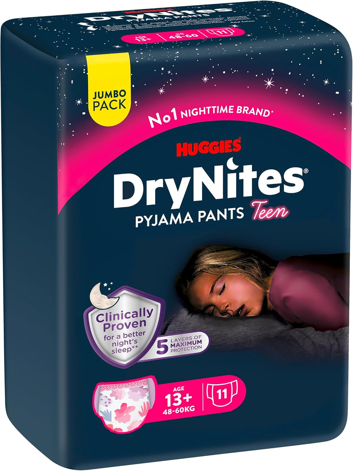 Huggies DryNites Nocne pieluszki do moczenia nocnego dla dziewczynek 13–około 17 lat (48–60 kg) 33 szt. (3 x 11) Duże miesięczne opakowanie XL Majtki pieluszkowe