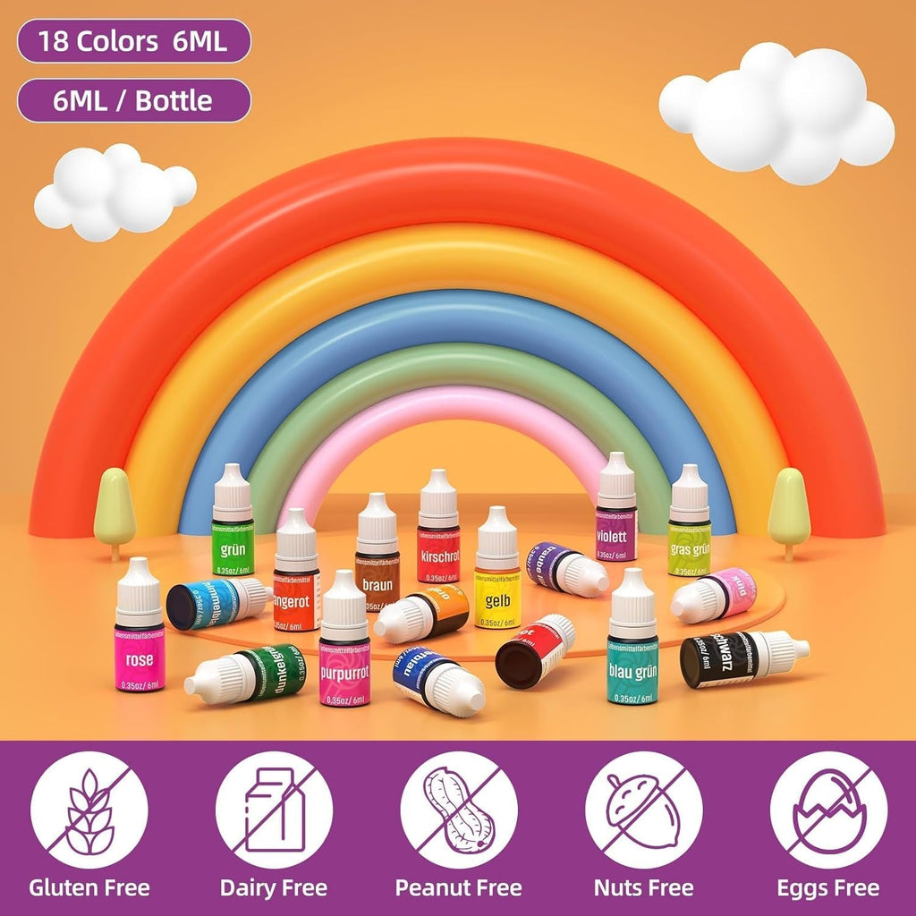 Colorant alimentar 18 culori x 6ml, colorant alimentar lichid, set de coloranți alimentari, culori de copt pentru decorarea torturilor, colorant alimentar pentru torturi, macaroane, glazură, fondant, accesorii de copt DIY