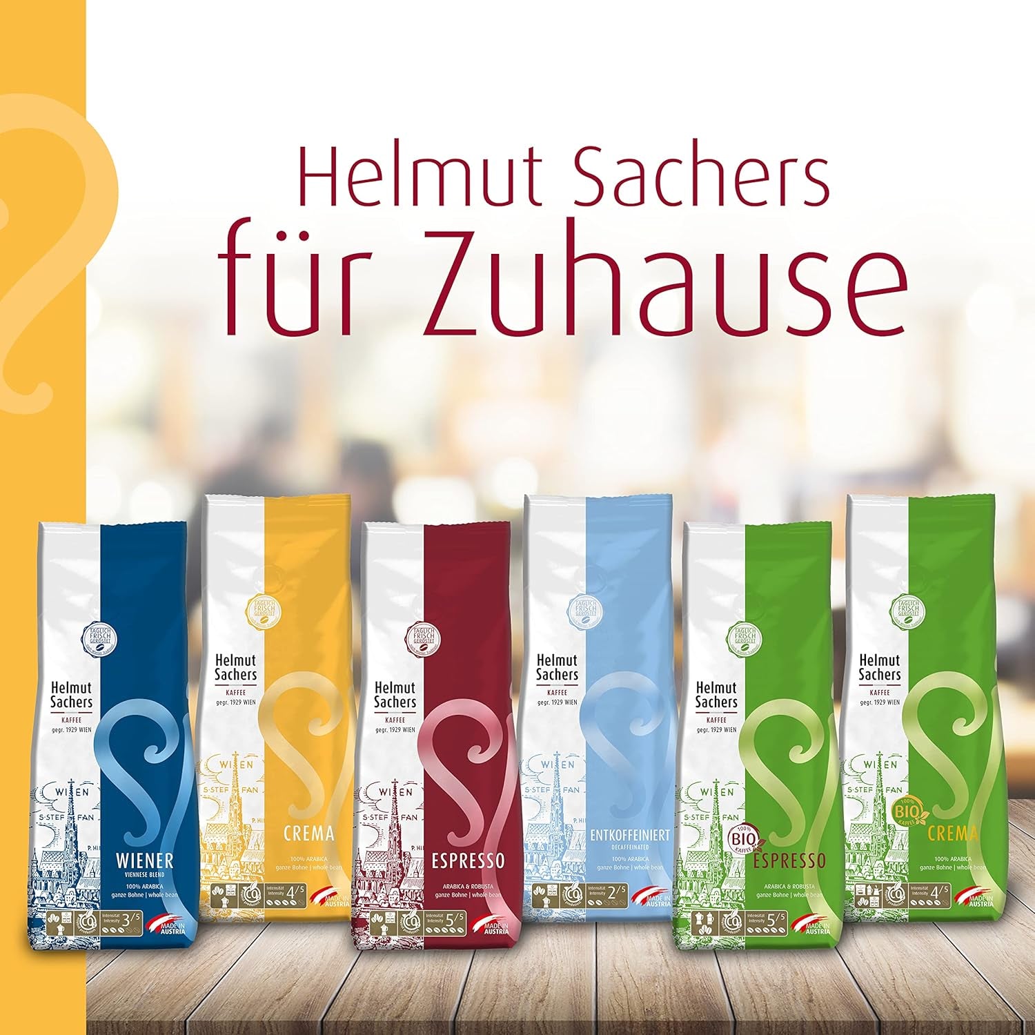 Cafea Helmut Sachers - Crema, Intensitate 4/5, 100% Arabica, boabe întregi de cafea, 6 x 500g