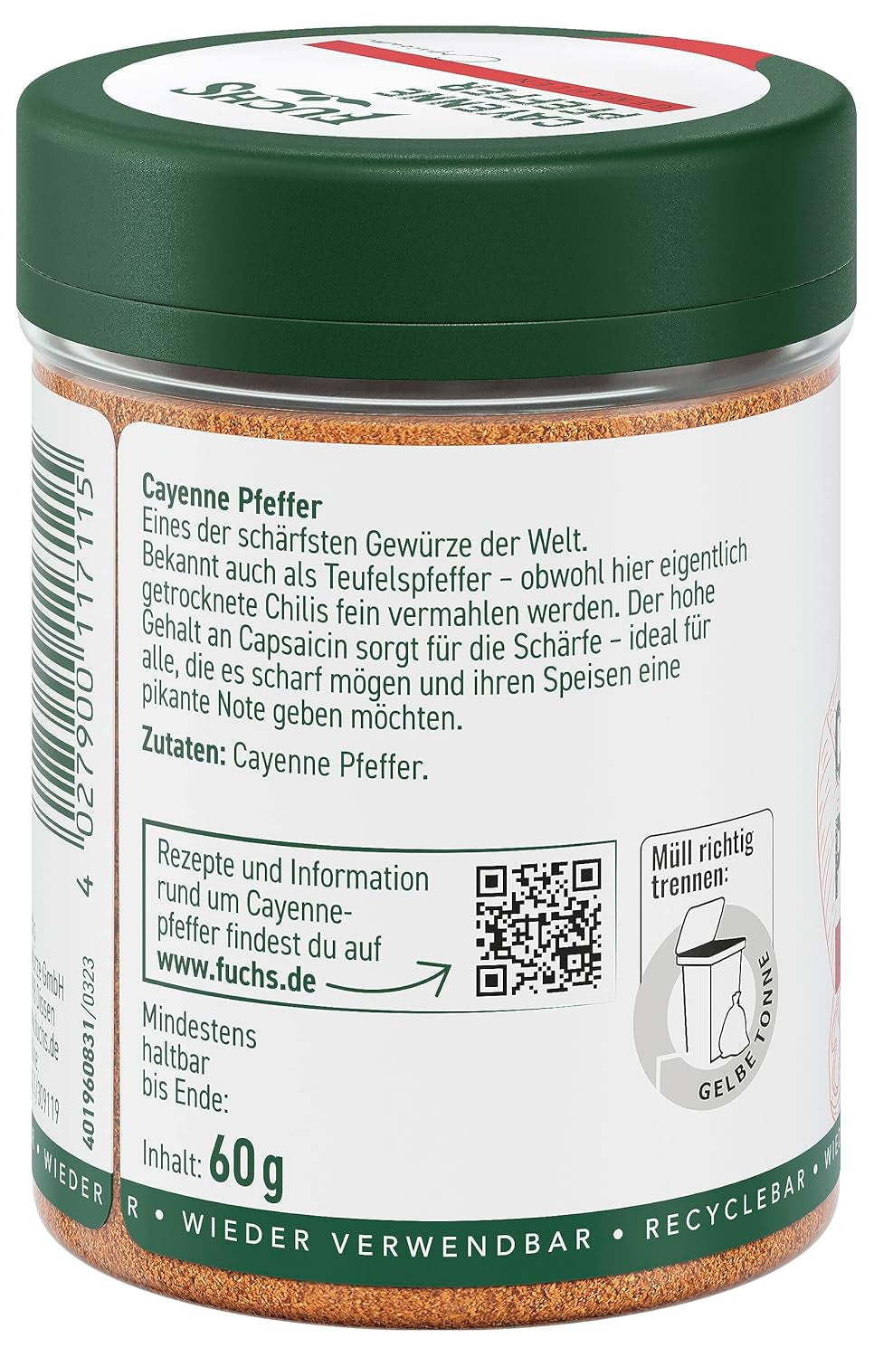 Fuchs Gewürze - Pieprz cayenne gemahlen - do einen scharfen Geschmack we wszystkich rodzajach potraw - naturalne składniki - 60 g w wiederverwendbarer, recyclebarer Dawka