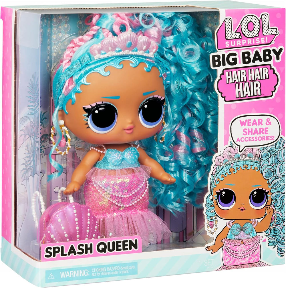 L.O.L. Surprise! Big Baby Hair Hair Hair – SPLASH QUEEN – 27,94 cm große Puppe mit 14 Überraschungen, Accessoires zum Teilen und echten Haaren – Für Kinder und Sammler ab 4 Jahren