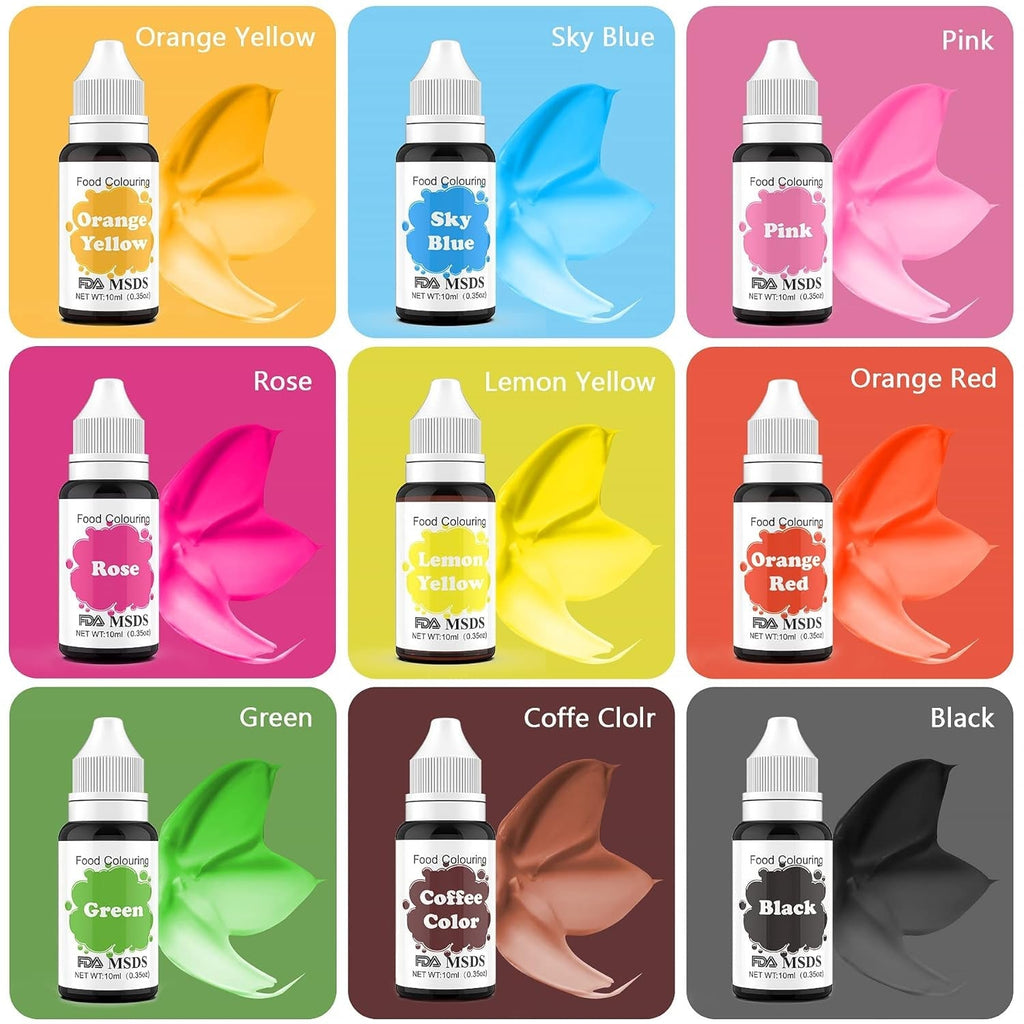 Colorant alimentar 9 x 10 ml, coloranți alimentari lichizi - set de coloranți alimentari pentru decorarea torturilor, macaroane, gogoși, fudge, glazură, săpunuri DIY, înghețată, colorant pentru săpun, colorant pentru pistol de pulverizare