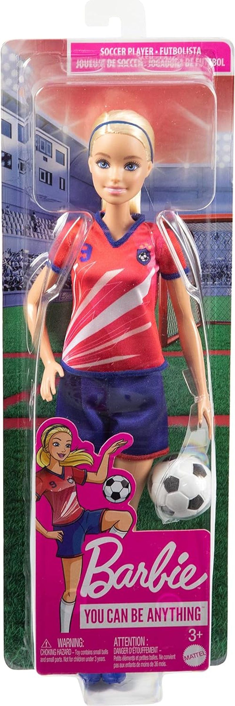 Seria Barbie You Can Be Anything, Jucătoare de fotbal, Jucătoare de fotbal cu păr blond, Tricou roșu și albastru, Minge, Accesorii, Păpușă inclusă, Cadou pentru copii cu vârsta de 3 ani și peste, HCN17