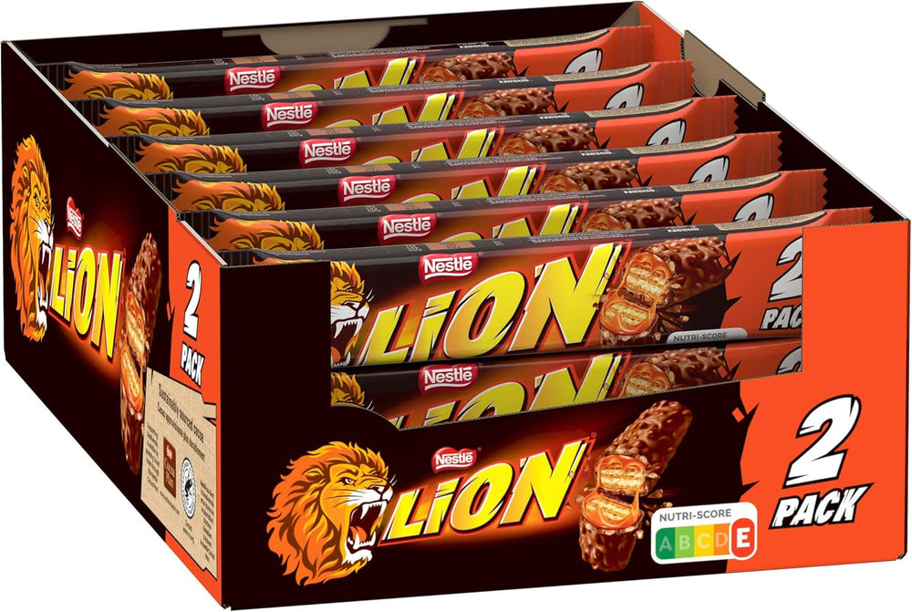 Nestlé LION Batonik czekoladowy z karmelem, chrupiąca przekąska, chrupiąca czekolada i chrupiące chipsy, nadzienie karmelowe, wyjątkowe doznania kulinarne, opakowanie zbiorcze, 28 opakowań (2 x 30 g każde)