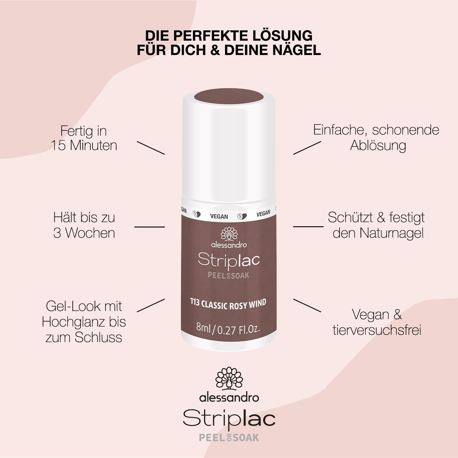 Oja UV alessandro Striplac Classic Rosy Wind – Delicată și de lungă durată – Îndepărtare ușoară datorită tehnologiei de îndepărtare peel-off – Vegană și cruelty-free – 8 ml