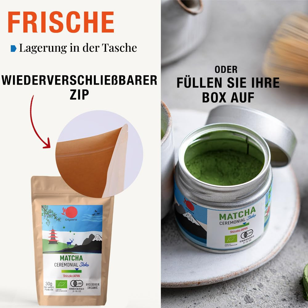 ORIGEENS BIO MATCHA CEREMONIAL GRADE „SHIKA” - Ceai japonez organic, provenit din Shizuoka - Matcha Latte/Usucha - Pliculeț de reumplere de 30 g - Ceai verde Matcha pulbere organic de calitate ceremonială