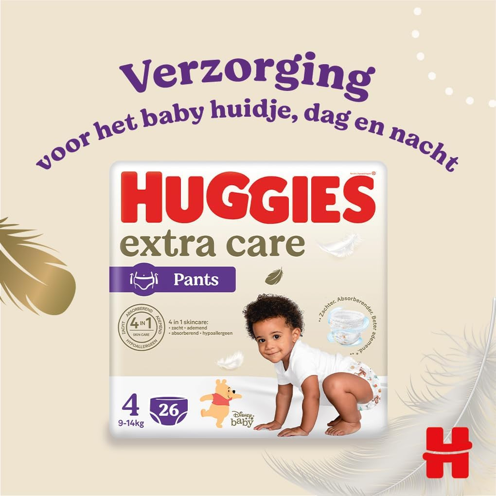 Pieluchy Huggies Extra Care Rozmiar 4 (9-14 kg), 4 paczki po 26 pieluszek - 4280 g