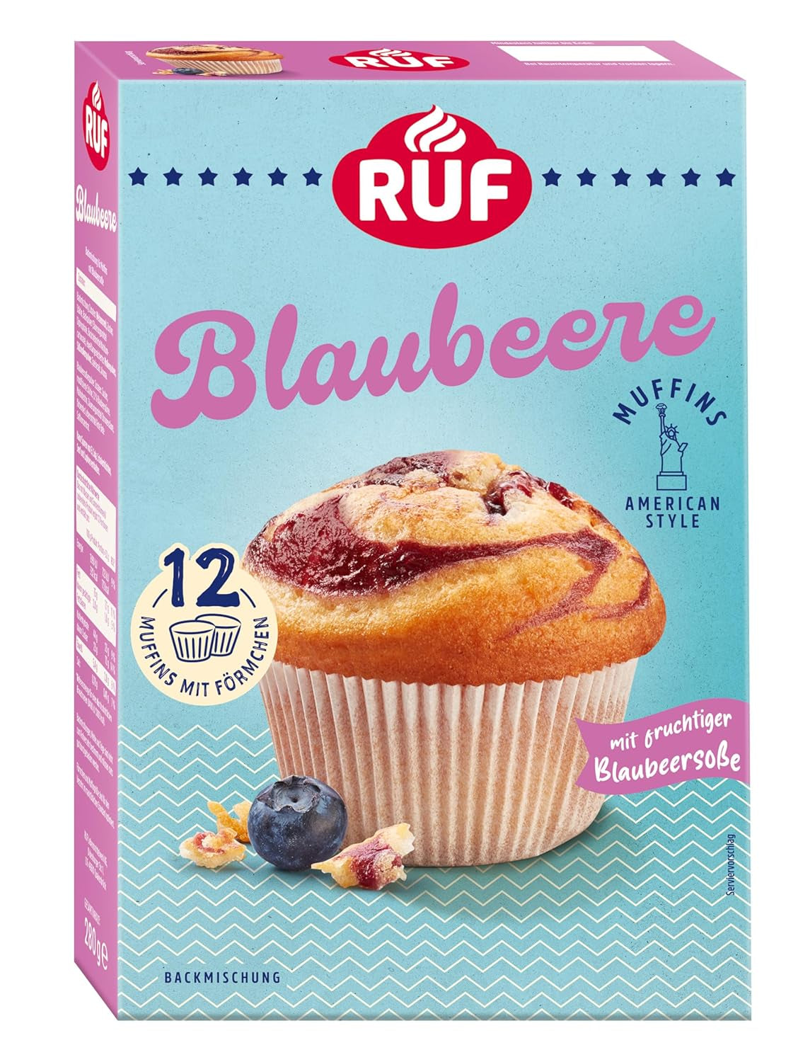 RUF Sernik-Muffiny Backmischung, Babeczki w stylu amerykańskim Mit Cremiger Füllung, Einfache Zubereitung, 12 Muffin-Förmchen Inklusive Naty Shop Blaubeere 280 G (opakowanie 1Er)