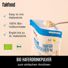 Fairfood Bio Haferdrink Pulver 360g - nachhaltige Milchalternative - wegańskie, bezglutenowe i ohne Öl - bis zu 4L Haferdrink - zum Selbermischen - 100% Bio-Vollkornhafer