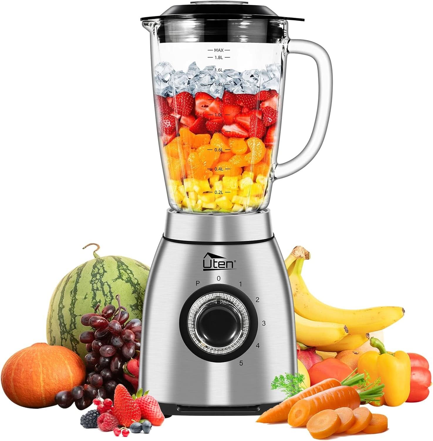 Mikser stojący Uten 2L, 1800 W Mikser Hochleistungsmixer, Pulse i 5 Geschwindigkeiten, Edelstahlgehäuse, 6 Klingen, Macht Milchshake-Smoothies, Mahlbare Kaffeebohnen Matka i Dziecko Naty Shop 2L+1800W+Puls+ 5 Geschwindigkeiten
