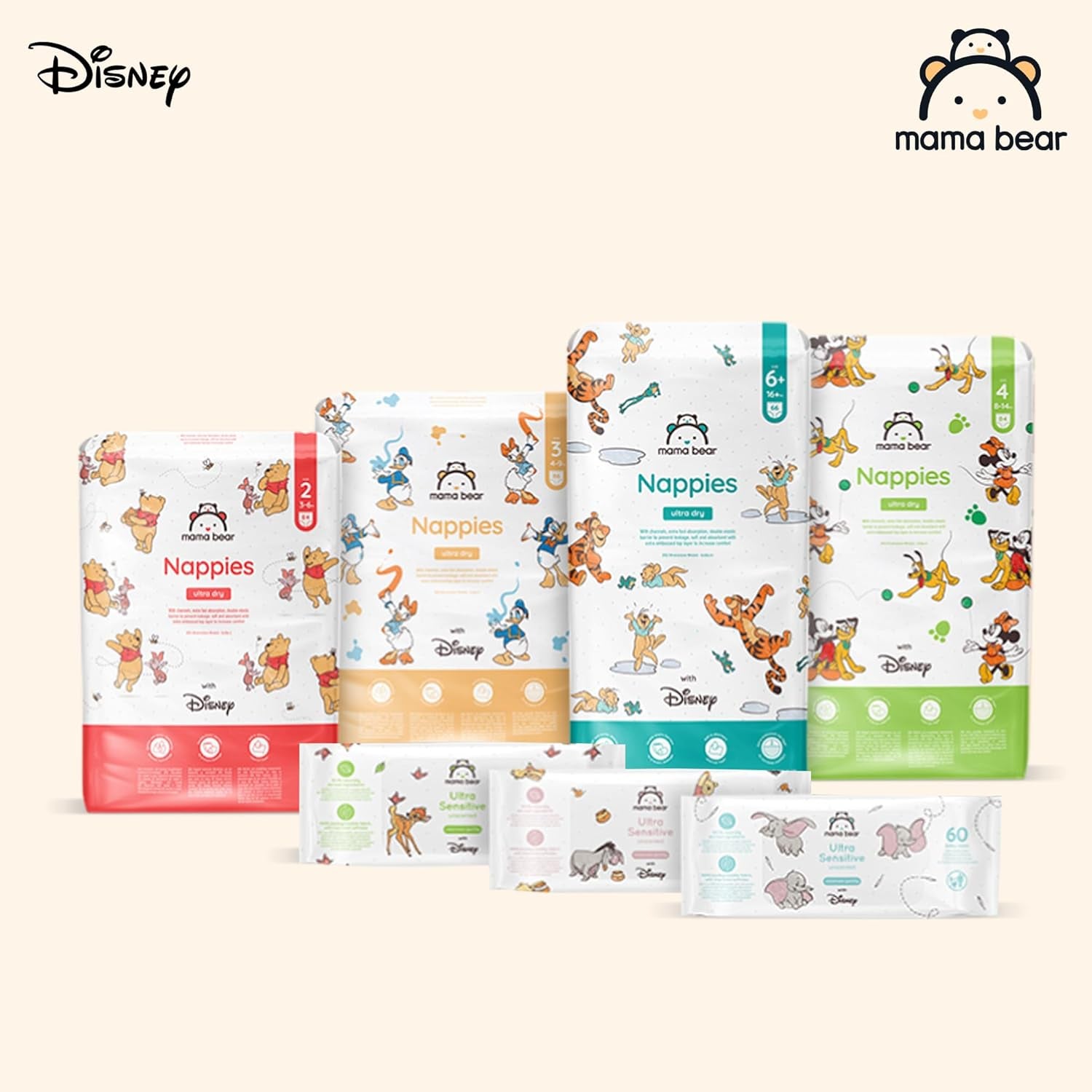 Marka Amazon: pieluszki Mama Bear Disney Ultra Dry, rozmiar 3 (4–9 kg) – pudełko miesięczne, białe, 172 szt. (2 opakowania po 86 szt.)